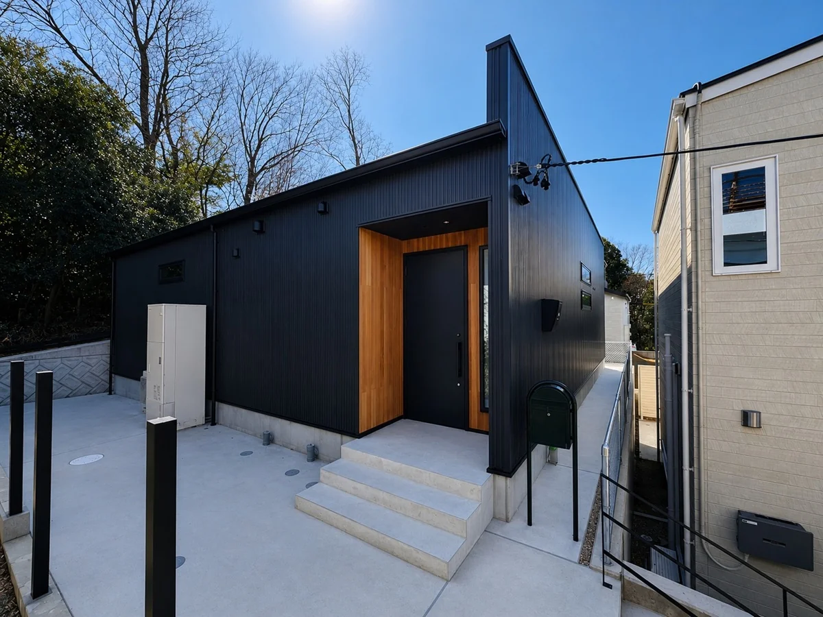 黒い外壁と木の玄関を持つ平屋の外観
